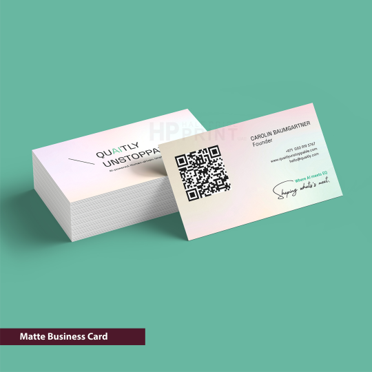 Matte business card with QR code on a teal background