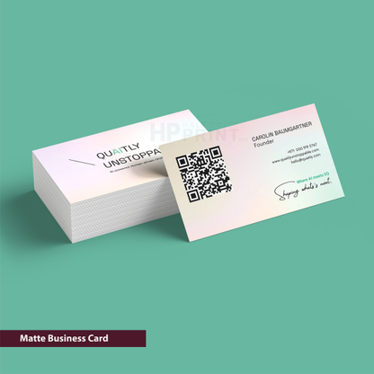 Matte business card with QR code on a teal background