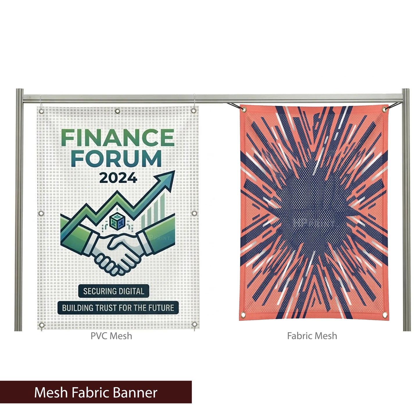 Two mesh fabric banners, one with 'Finance Forum 2024' text and the other with a colorful design, on a white background.