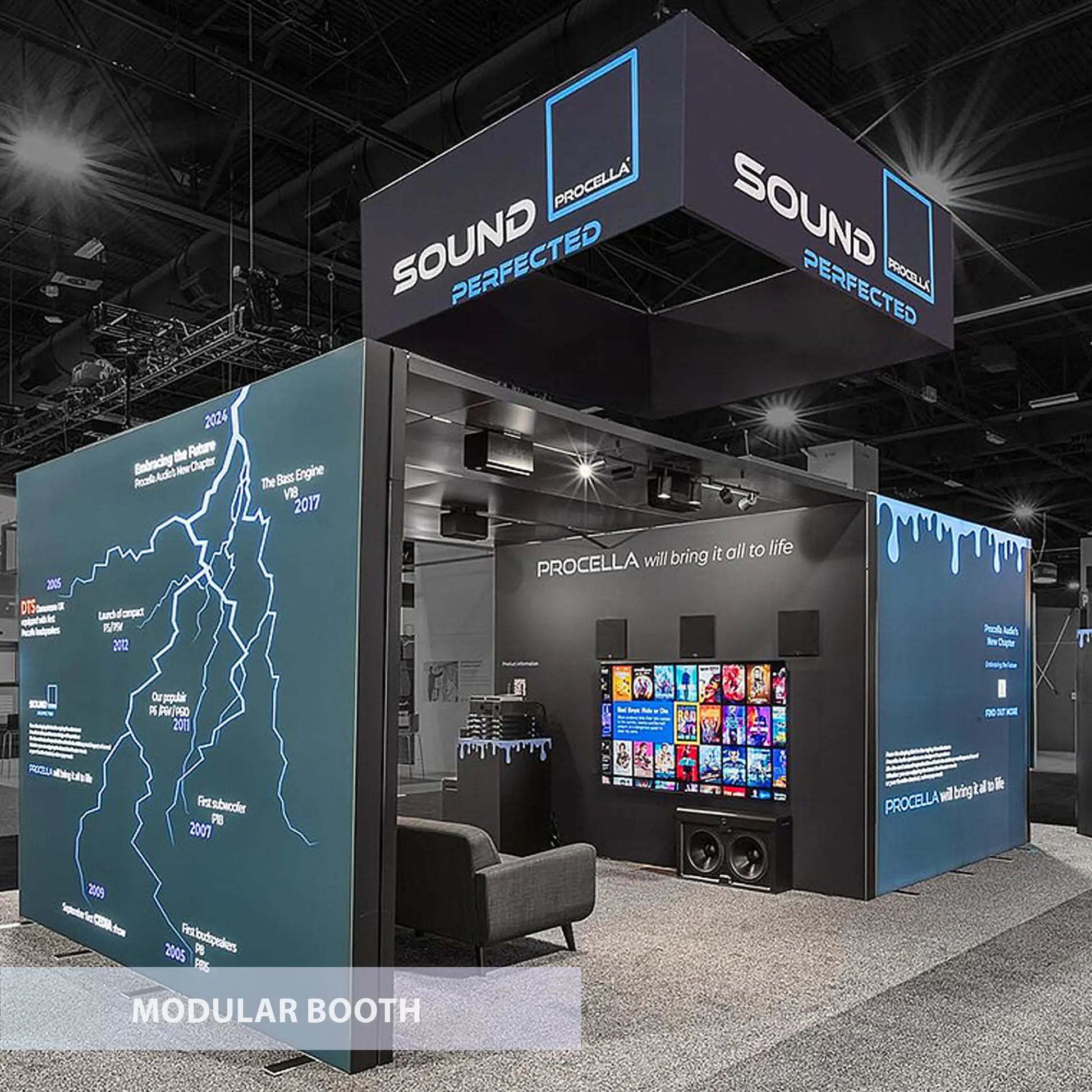 Modular booth with 'Sound Perfected' branding at a trade show.