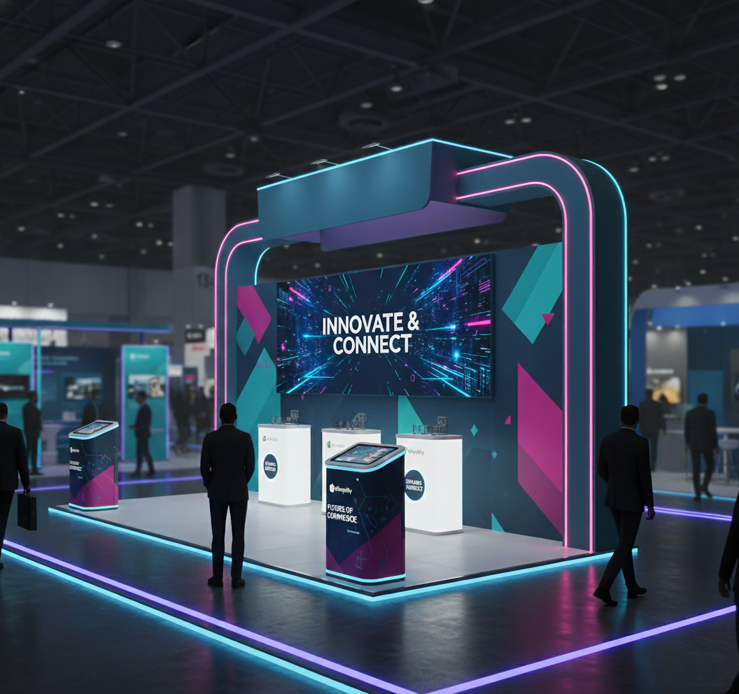 Modern exhibition booth with 'Innovate & Connect' display in a convention center.