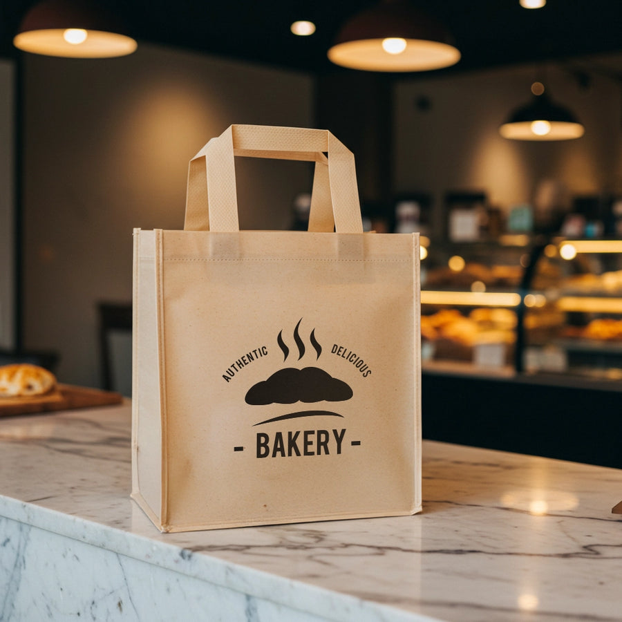 Brown paper bag with 'Bakery' logo on a marble counter in a bakery setting