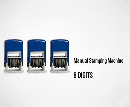 Three manual stamping machines with interchangeable ink pads on a white background.
