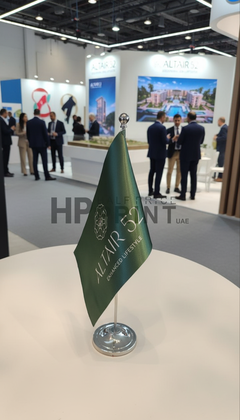 Green table flag with 'Alfajr 53' branding on a stand, with people and booths in the background.