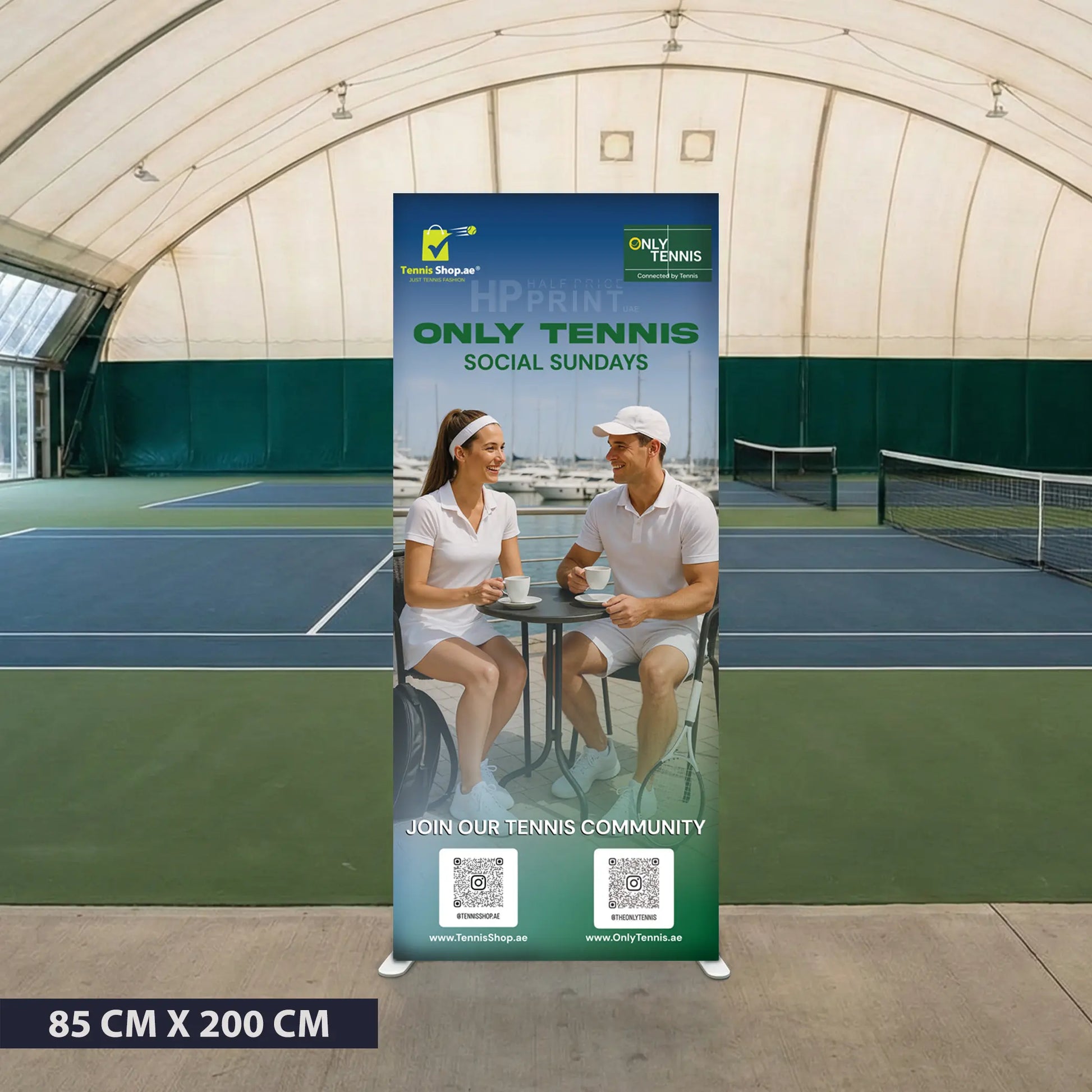 Tennis-themed promotional banner on a tennis court