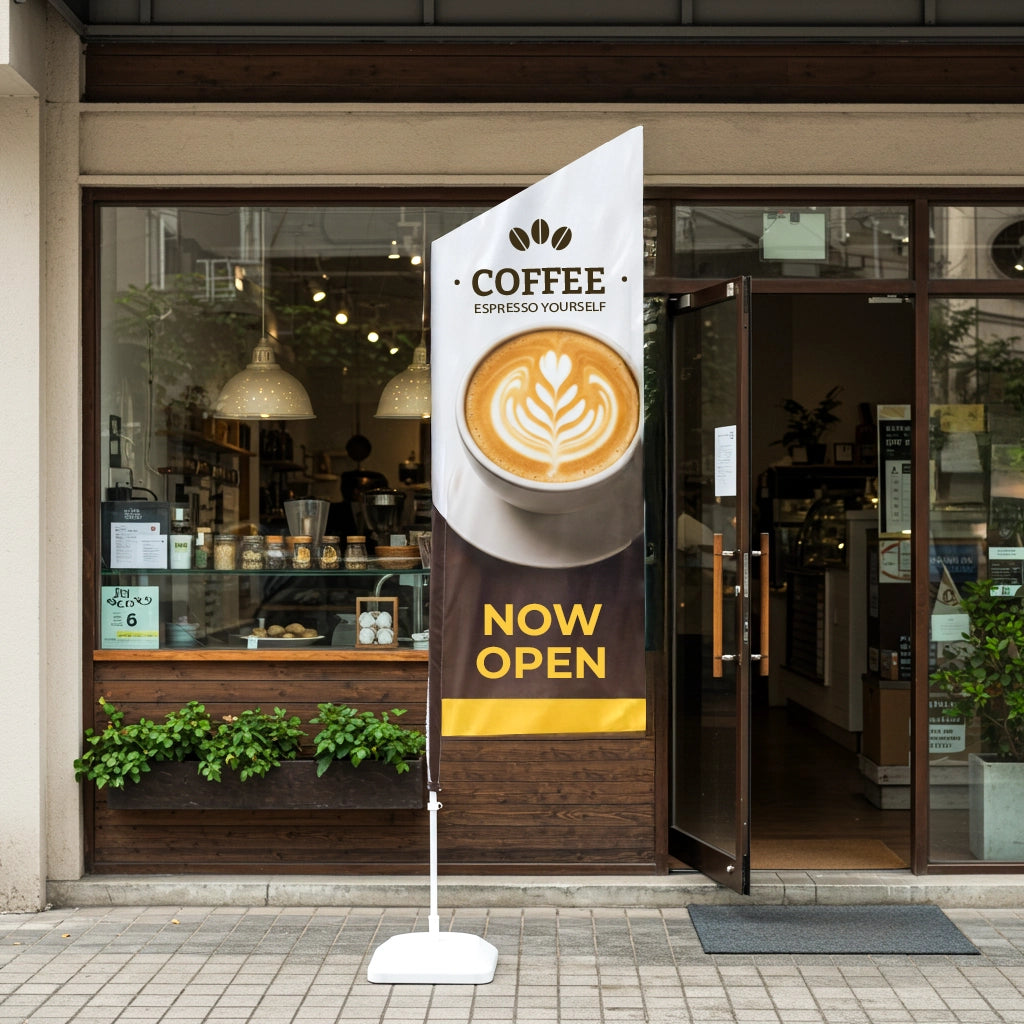 Coffee shop entrance with a 'Now Open' sign and coffee cup graphic