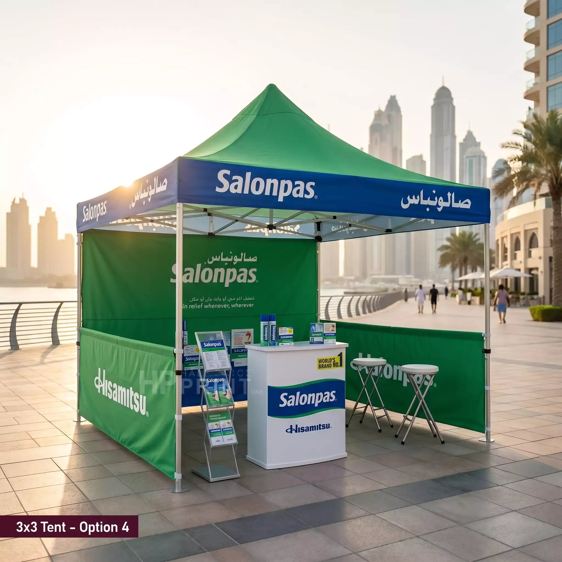Salonpas branded outdoor tent with city skyline in the background