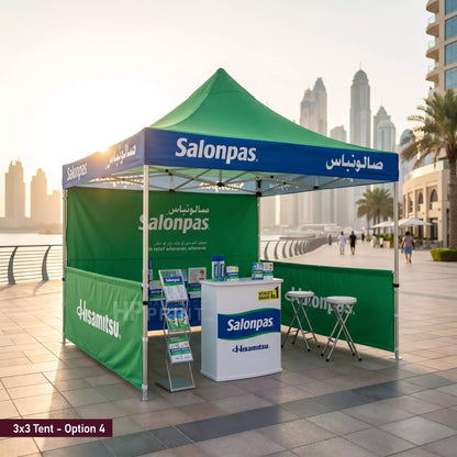 Salonpas branded outdoor tent with city skyline in the background