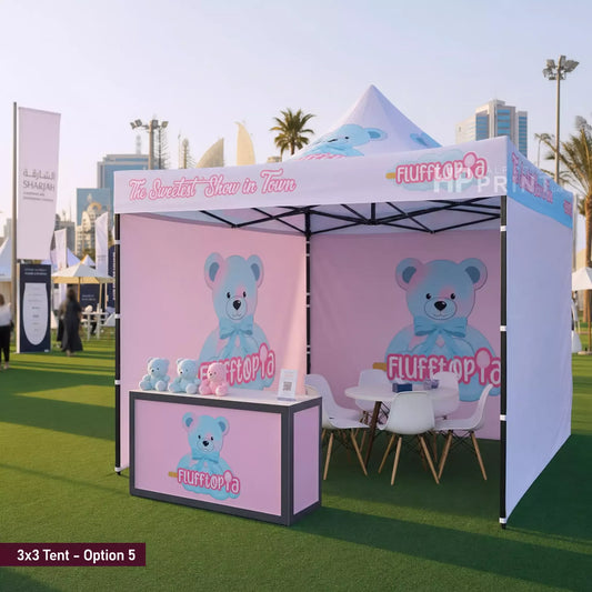 Fluffalo branded 3x3 tent with pink and white design in an outdoor setting.