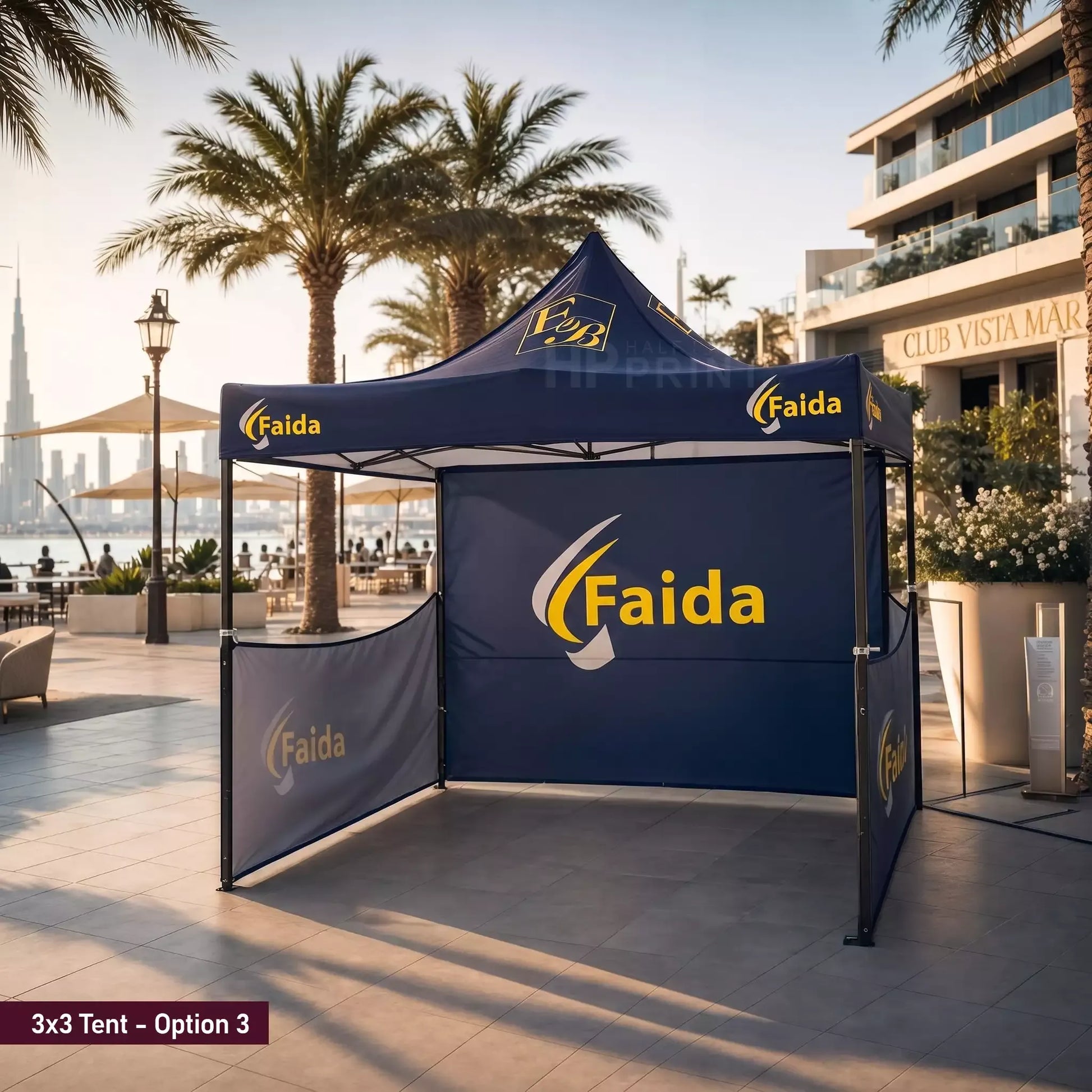 Faida branded 3x3 tent set up outdoors with palm trees and buildings in the background