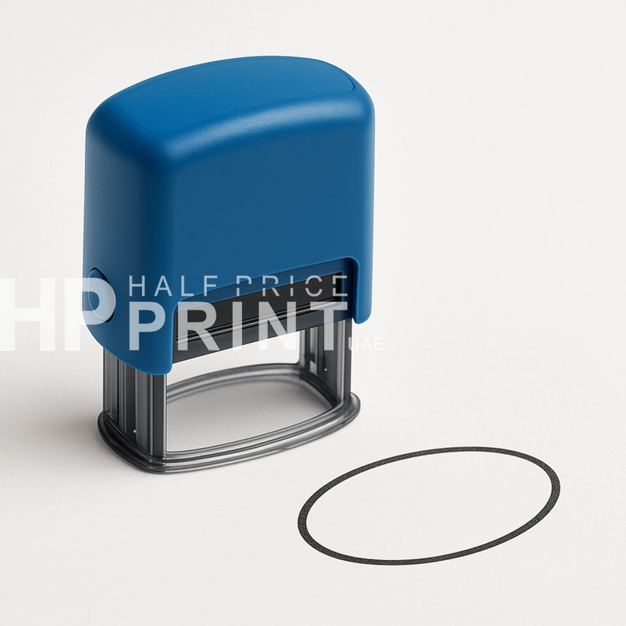 Blue self-inking stamp with 'HALF PRICE PRINT' text on a white background
