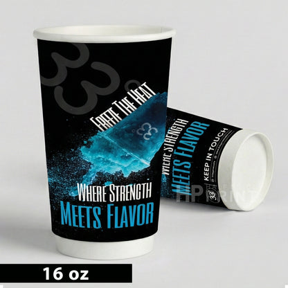 16 oz paper cup with branding and text on a light gray background