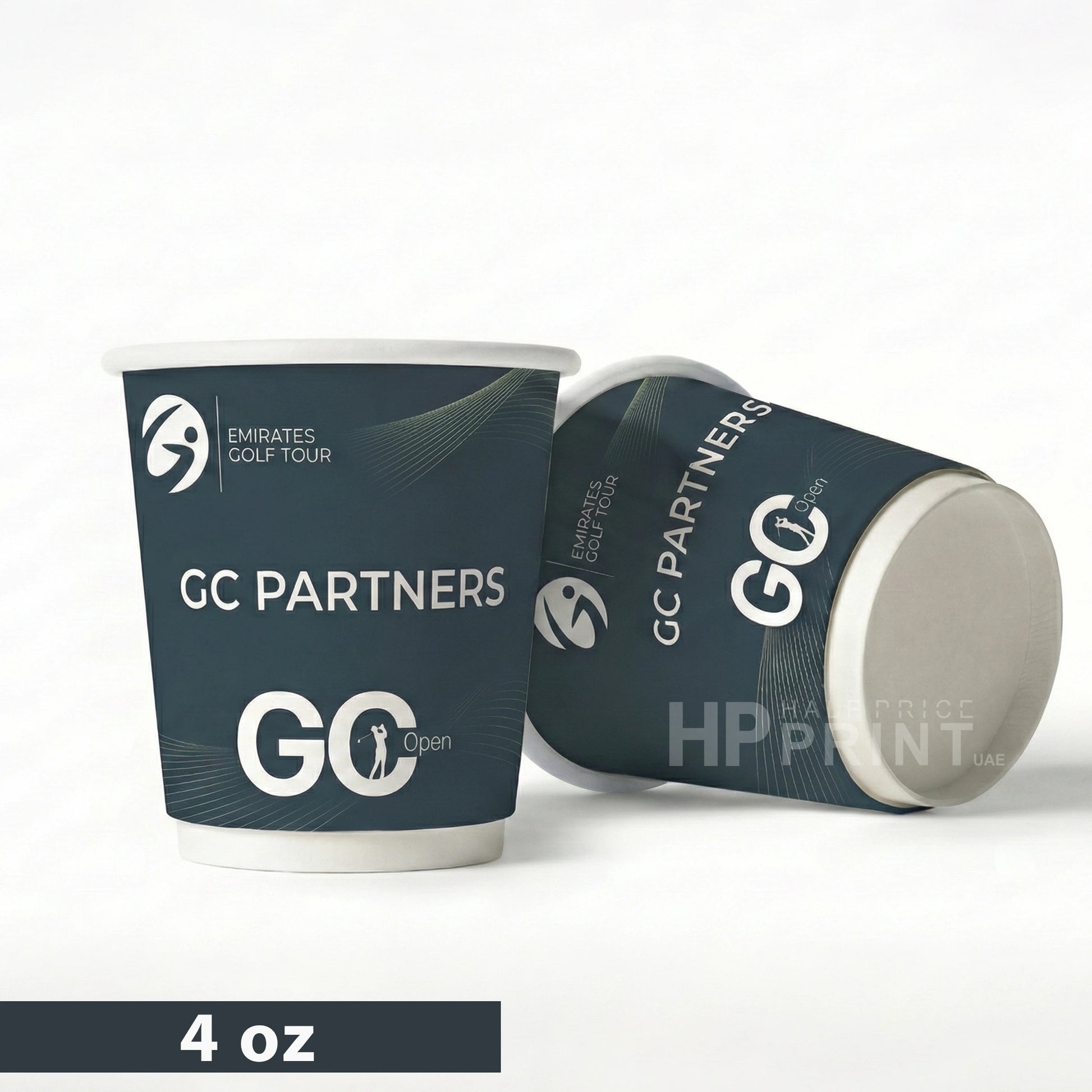 Two paper cups with GC Partners branding on a white background