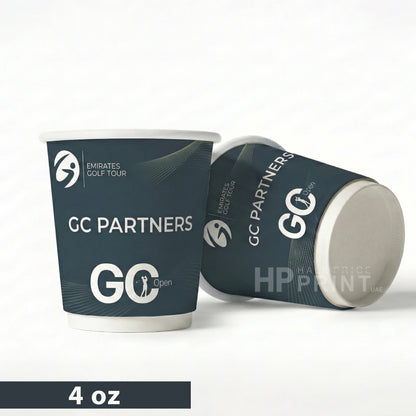 Two paper cups with GC Partners branding on a white background