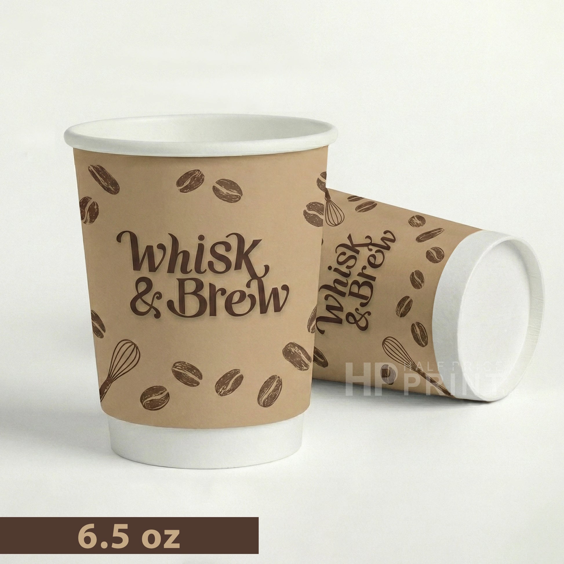 Two paper cups with 'Whisk & Brew' branding and coffee bean design on a white background.