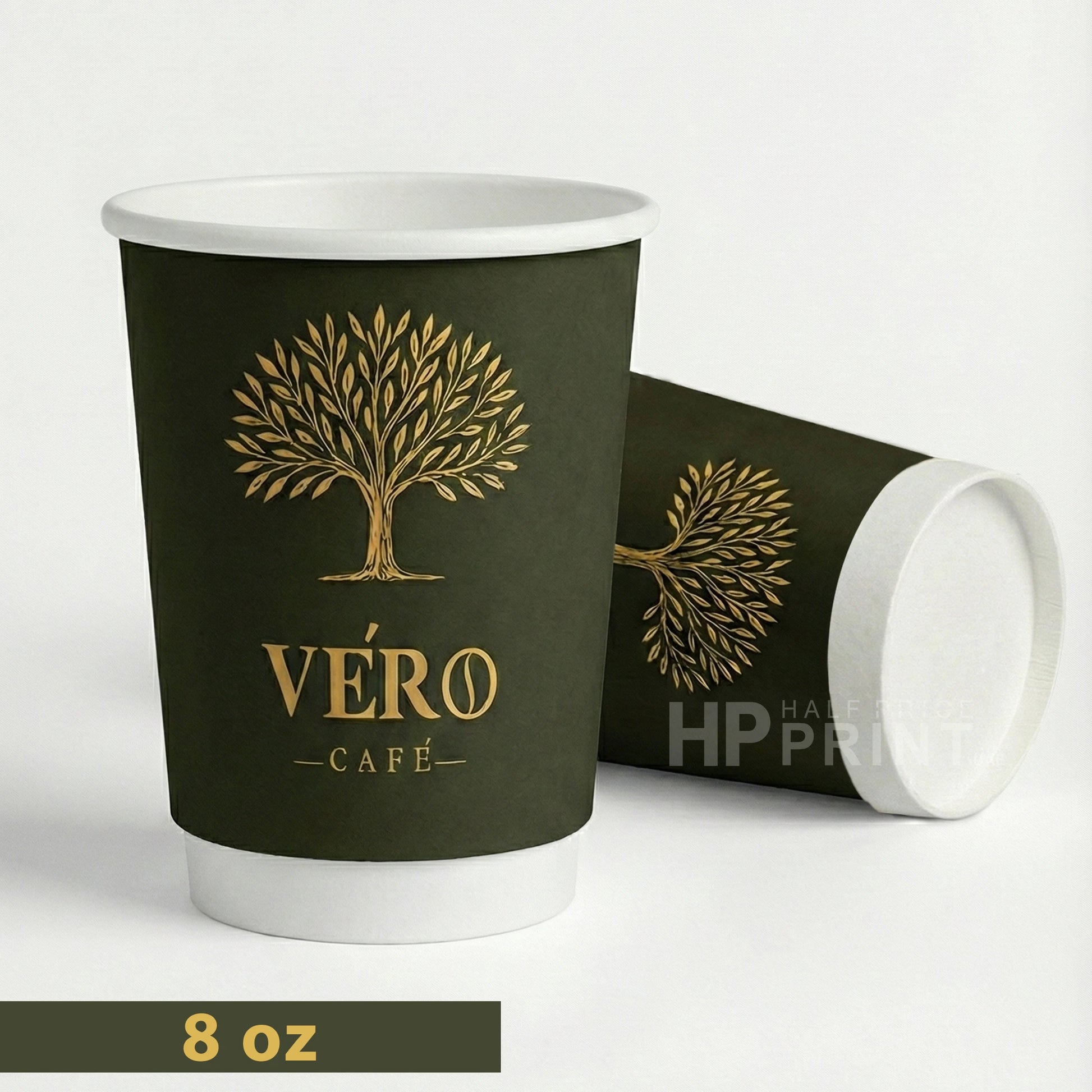 Dark green paper cup with white lid and interior, featuring 'Véro Cafe' logo on a white background.