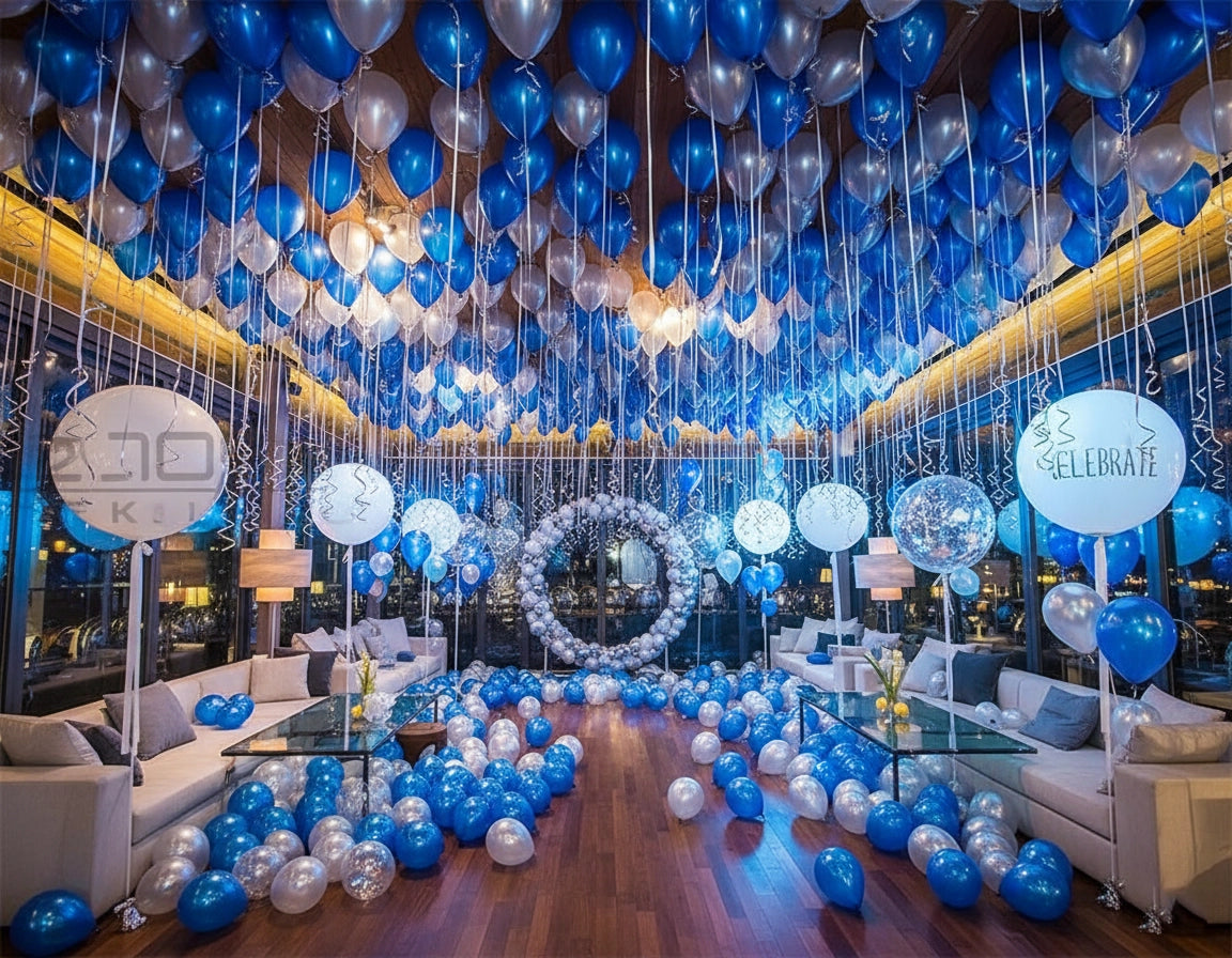 Decorative room with blue and white balloons, chairs, and tables.