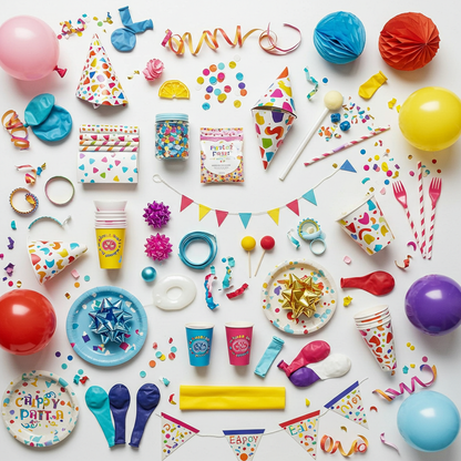 Assorted colorful party supplies including balloons, plates, and cups on a white background