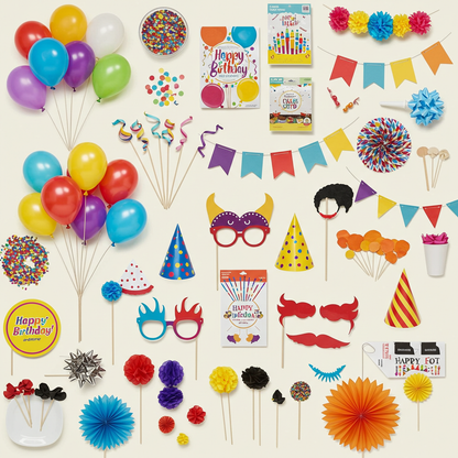 Collection of colorful party decorations including balloons, banners, and photo props on a light background.