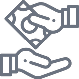 Icon of two hands exchanging a bill, symbolizing sharing or innovation.
