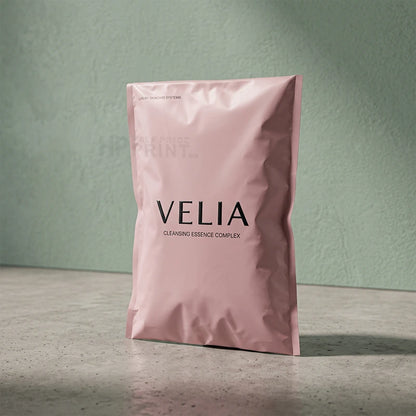 A pink foil compostable of VELIA Cleansing Essence Complex stands upright on a gray surface against a textured sage green wall.