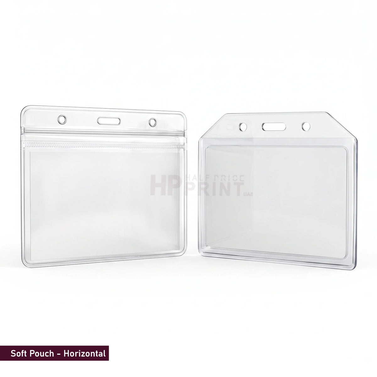 Two clear plastic business card holders shown side by side on a white background, with a small label at the bottom left reading 'Soft Pouch - Horizontal'.
