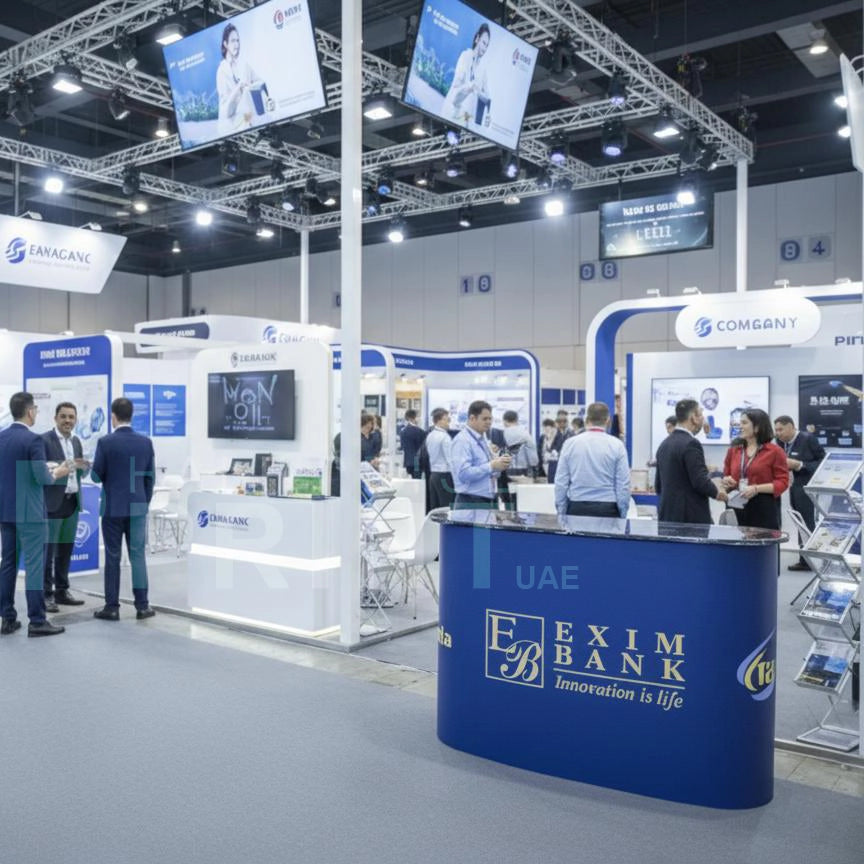 Exim Bank booth at a trade show with attendees and branded displays.