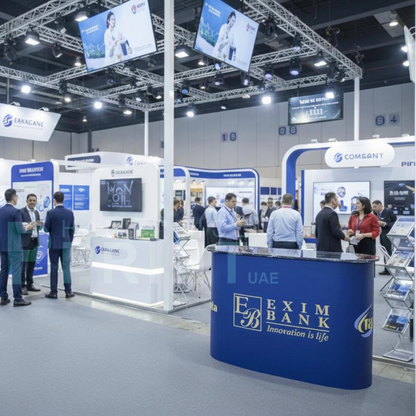 Exim Bank booth at a trade show with attendees and branded displays.