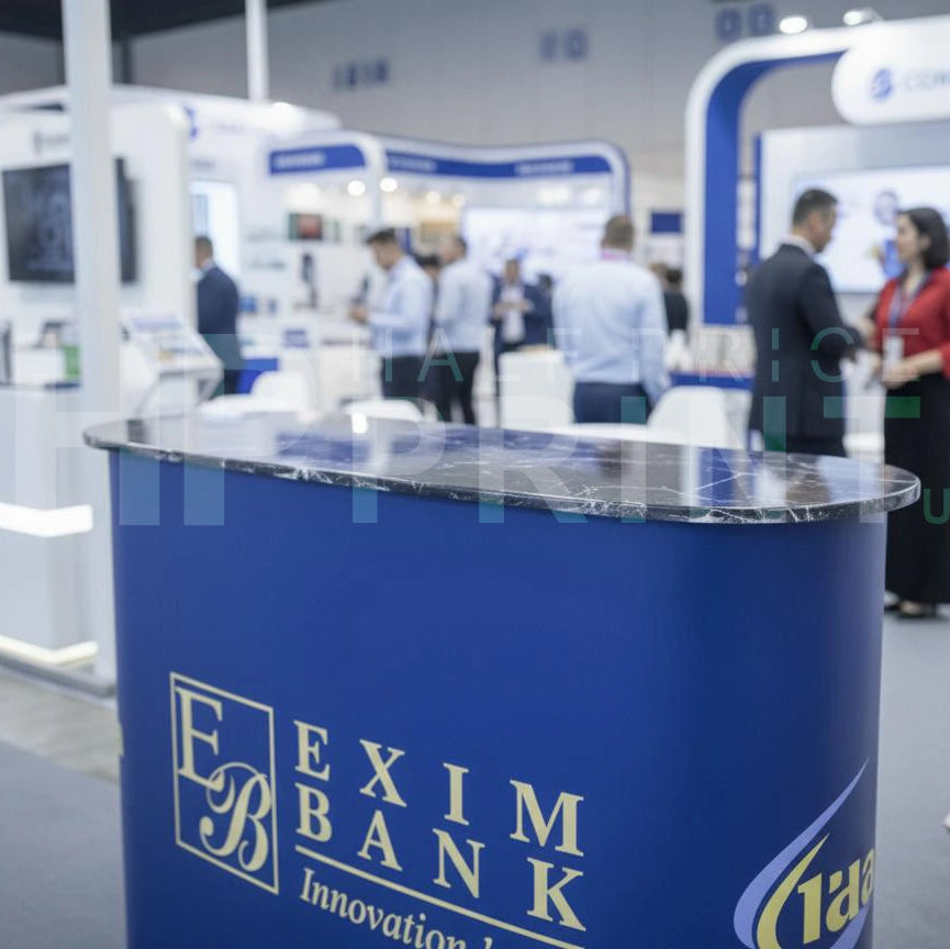 Exim Bank booth at a trade show with people in the background