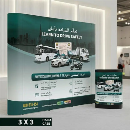 Promotional straight pop-up display for driving safety education with text and images of vehicles.