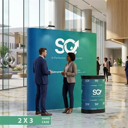 Two people interacting in front of a SecureQ branded pop-up display in a modern building lobby.
