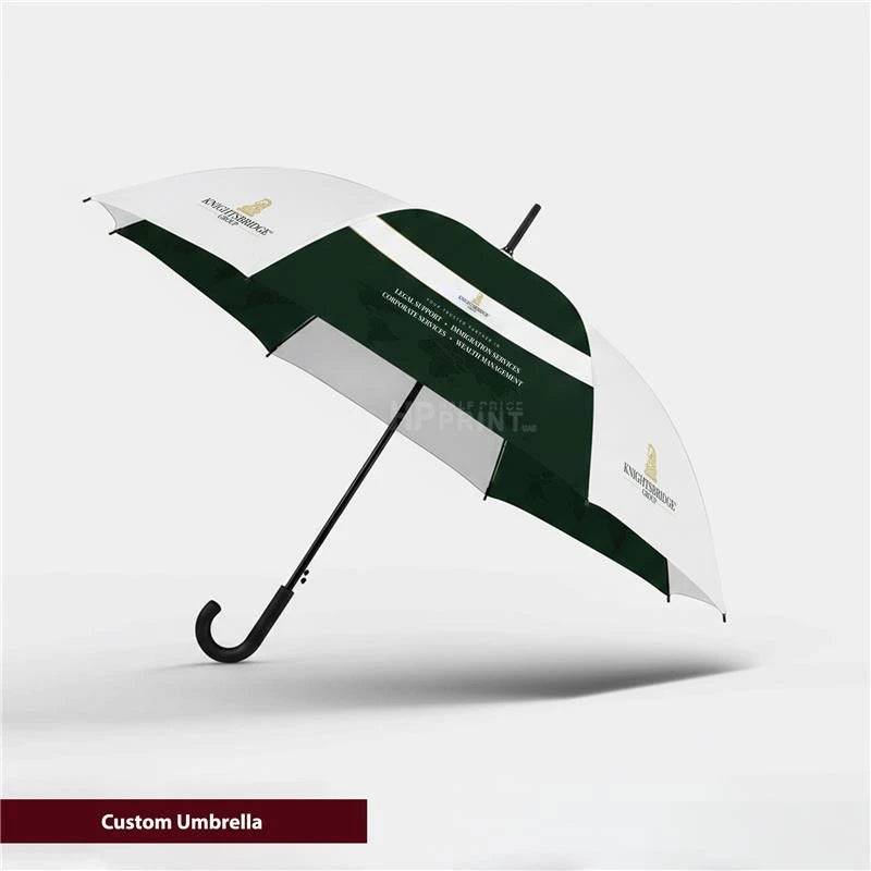 Custom umbrella with branding on a white background