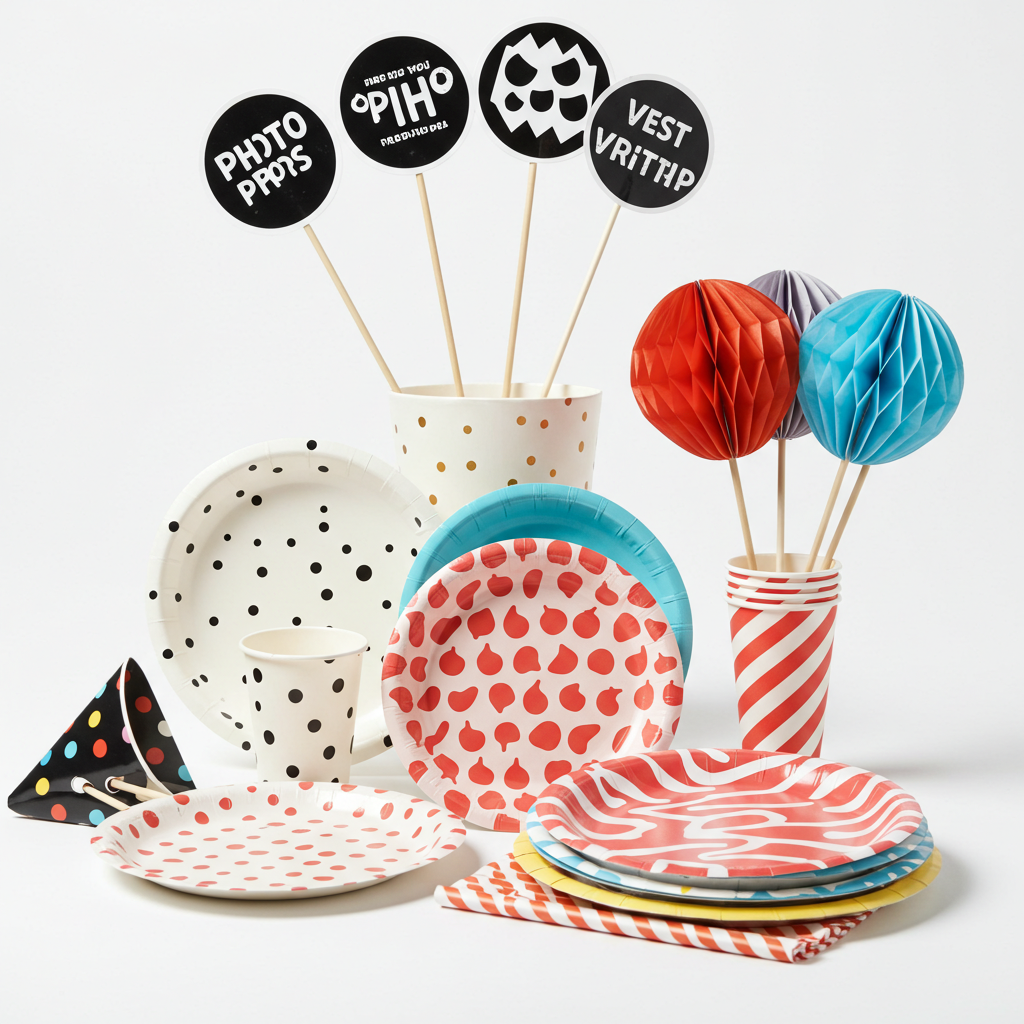 Colorful paper plates, cups, and decorative items on a white background