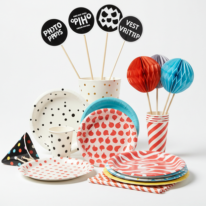 Colorful paper plates, cups, and decorative items on a white background