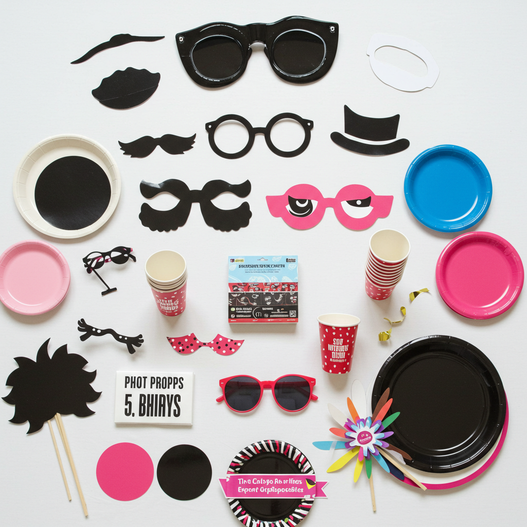 Collection of photo booth props including sunglasses, masks, and plates on a white background