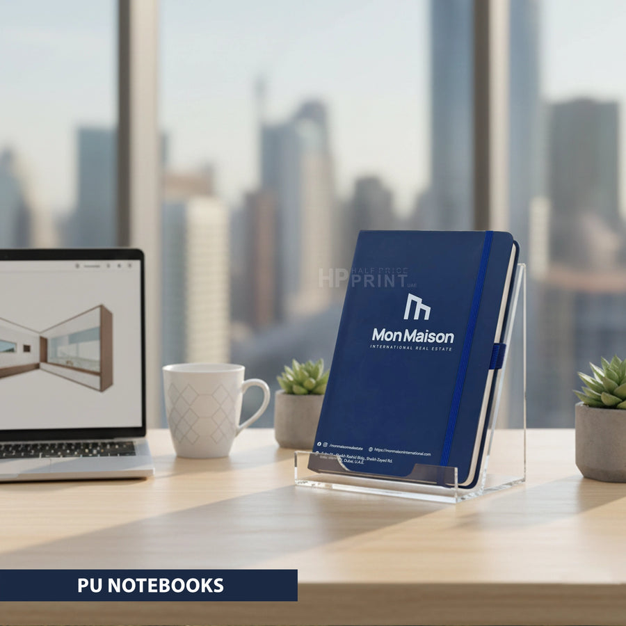 Blue notebook with 'Mon Maison' branding on a desk with a cityscape background