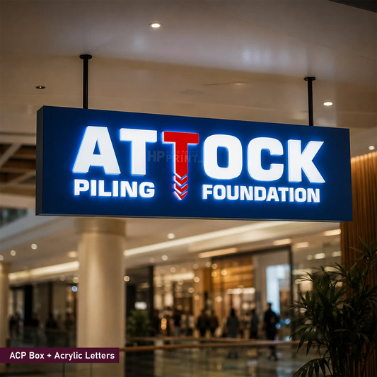 A large illuminated hanging sign reading "ATTOCK PILING FOUNDATION" in white letters with a red stylized T, photographed in a real indoor shopping-center environment with blurred people and storefronts in the background.