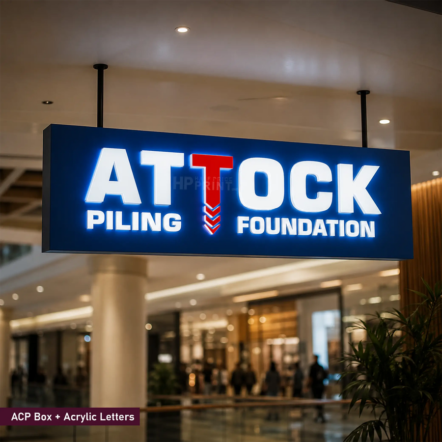 A large illuminated hanging sign reading "ATTOCK PILING FOUNDATION" in white letters with a red stylized T, photographed in a real indoor shopping-center environment with blurred people and storefronts in the background.
