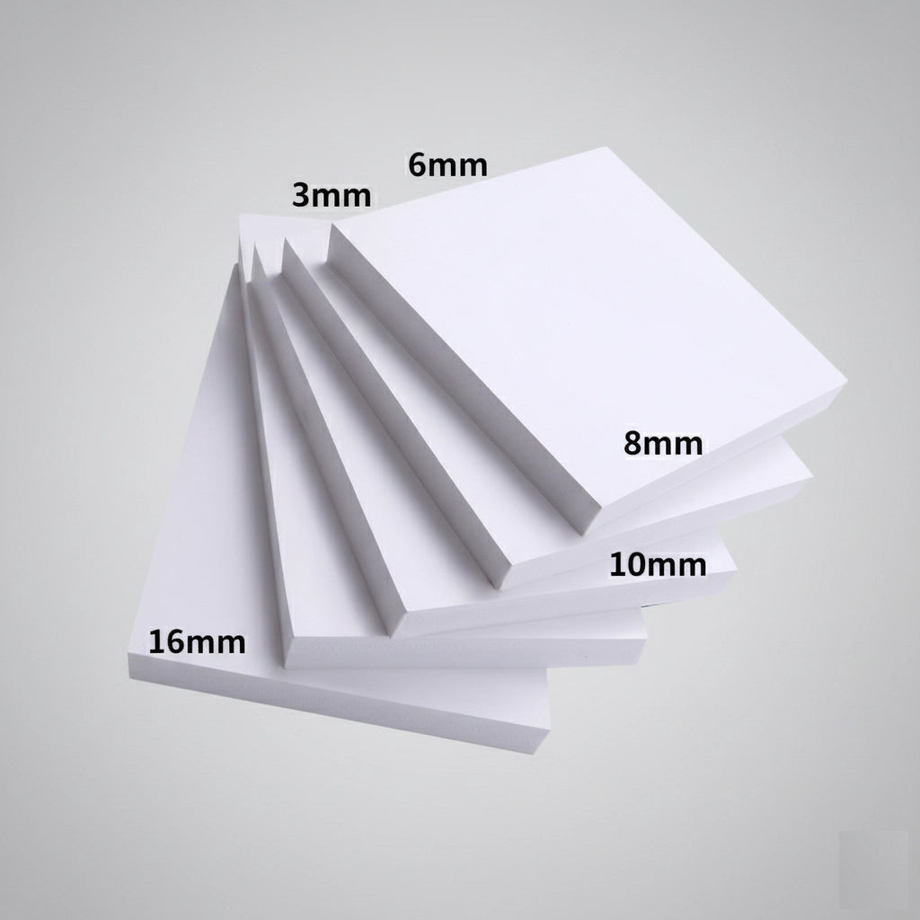 White pvc foam sheets of different thicknesses labeled on a gray background