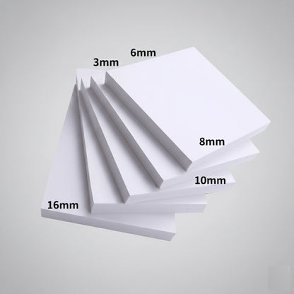 White pvc foam sheets of different thicknesses labeled on a gray background