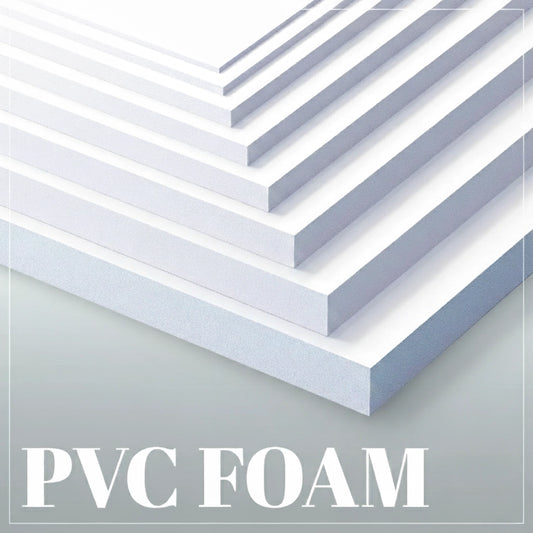Stack of white PVC foam sheets on a light gray background with PVC FOAM text.