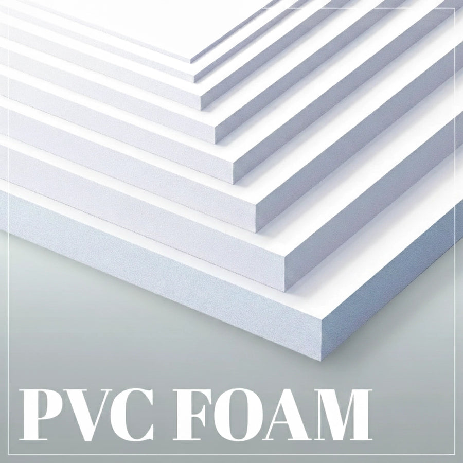 Stack of white PVC foam sheets on a light gray background with PVC FOAM text.