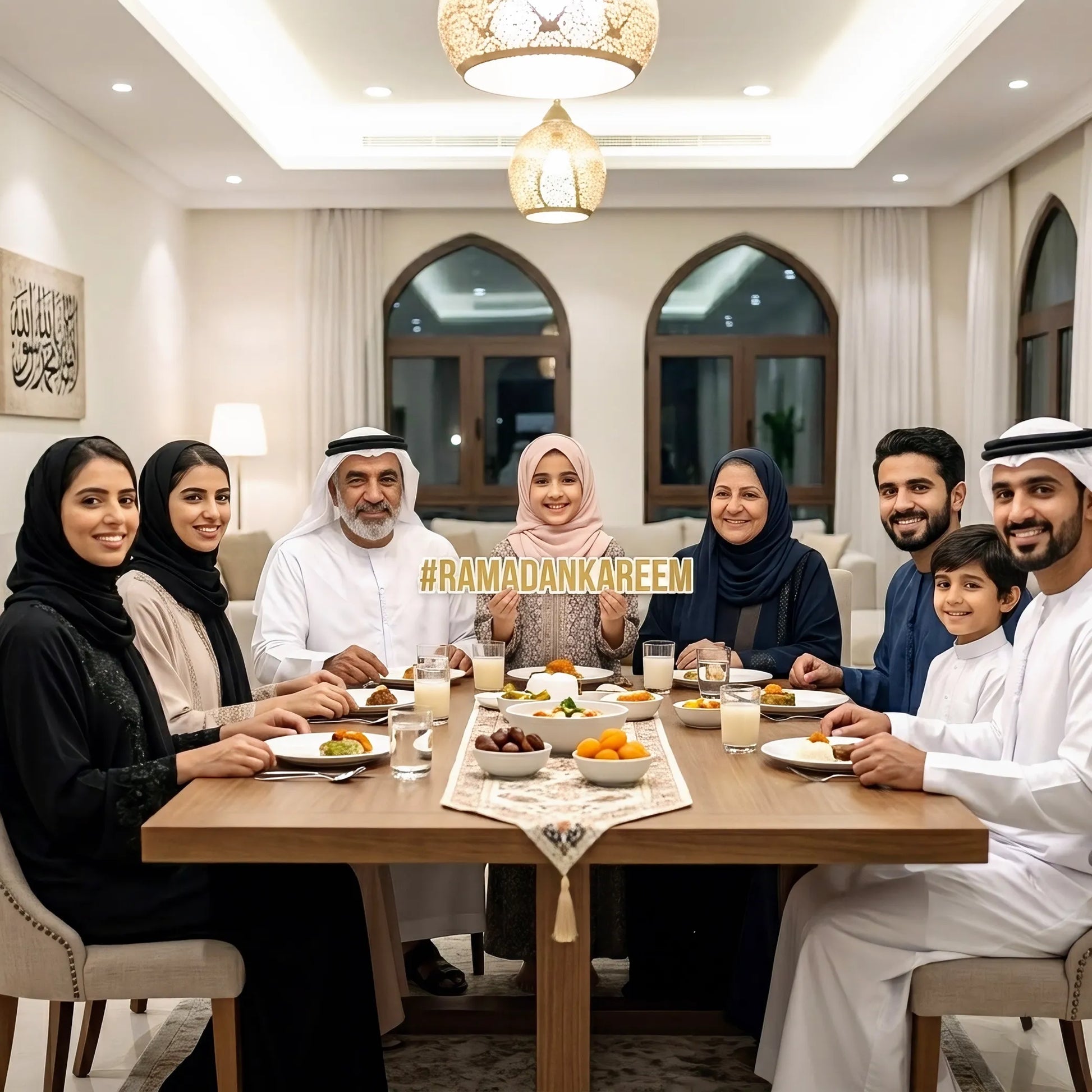Family gathered around a dinner table for Iftar during Ramadan, with Ramadan Kareem hashtag cutouts