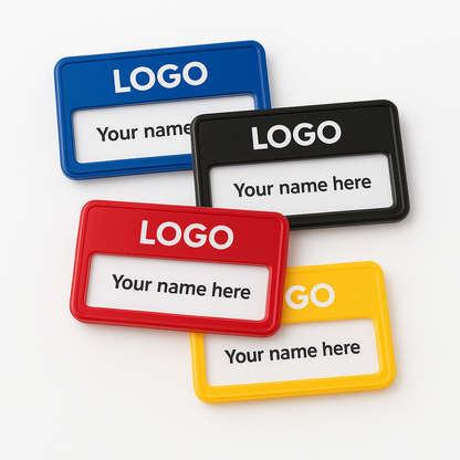 Four name tags in blue, black, red, and yellow with customizable text on a white background.