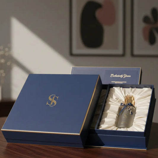 Luxury perfume box with a gold pendant on a wooden surface