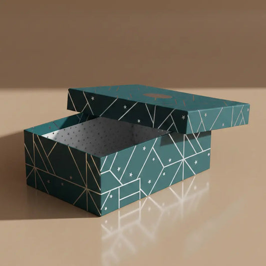 Open teal geometric-patterned rigid box on a beige surface