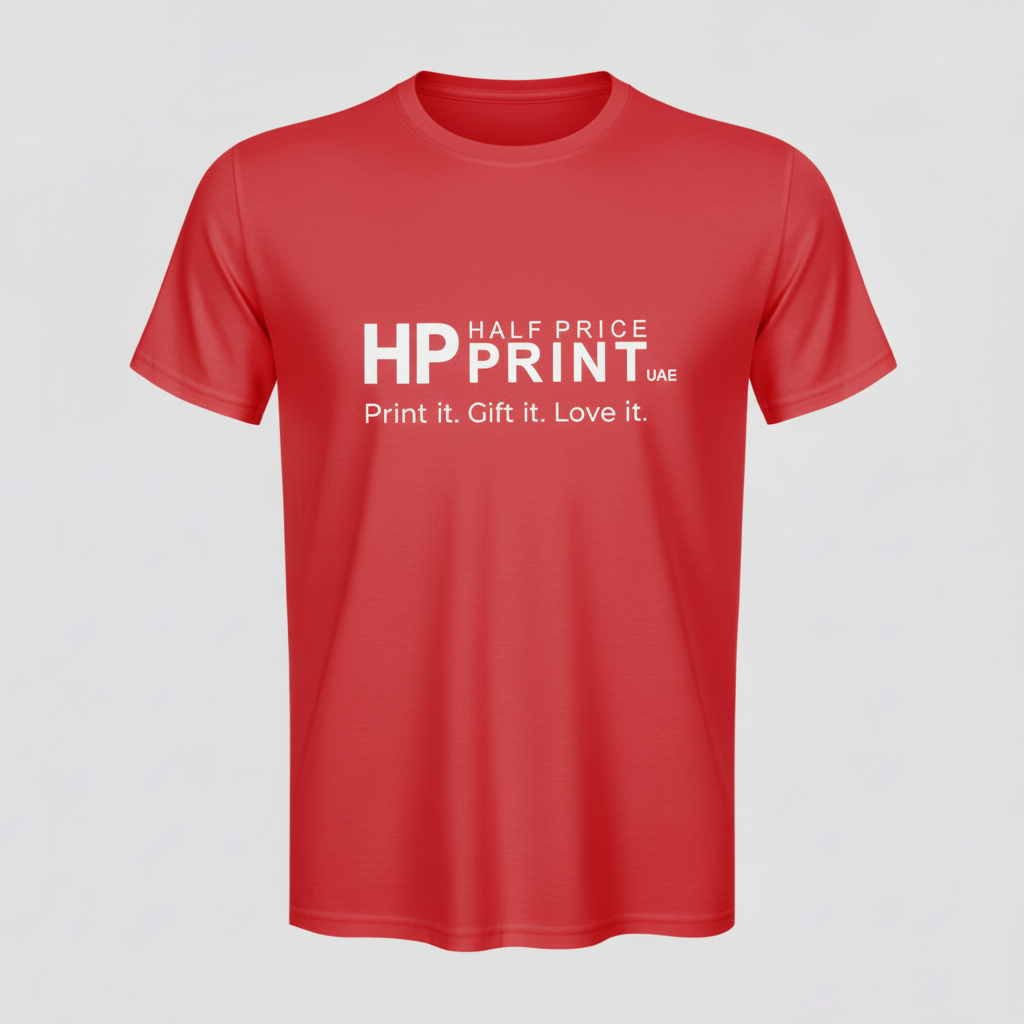 Red t-shirt with Half Price Print Logo on a gray background