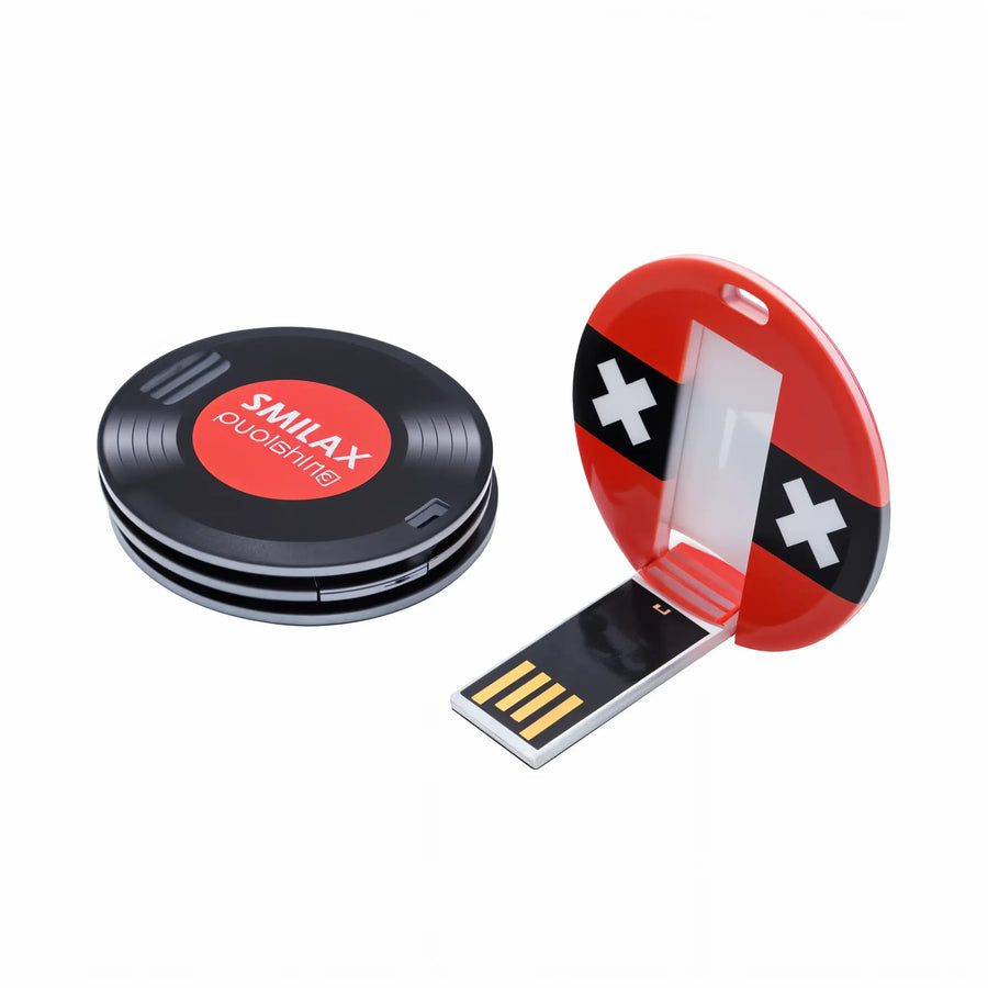 A round USB flash drive with a red and black color scheme, featuring a branded cap and a standard USB connector.
