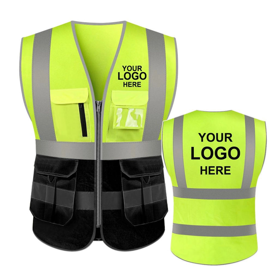 High-visibility yellow safety vest with reflective gray stripes, multiple front pockets, and zip closure, shown from front and back with space for custom logo printing.