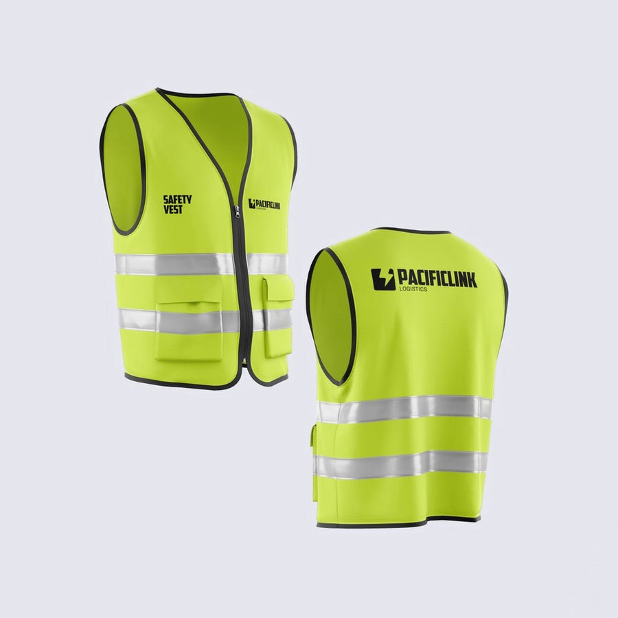 Two safety vests with bright neon fabric and reflective strips, one front and one back view, with 'Safety Vest' and 'PACIFICLINK' text on them.